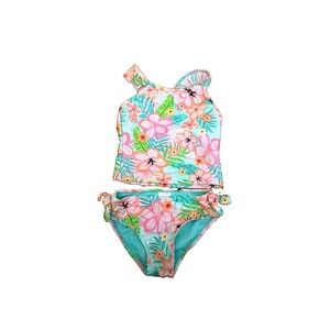 Breaking Waves Girl's Sz 4 2 Pc Tankini Bikini Swimsuit Pink Green Floral Tropic